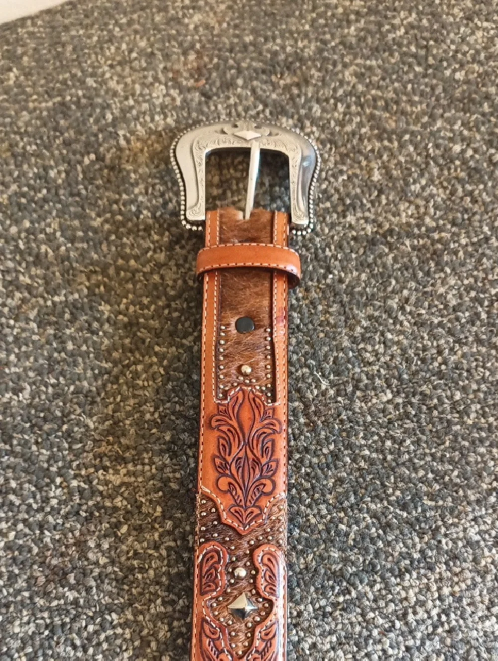 Justin Boots Tooled Brown Leather Western Belt with Silver Buckle Size 36